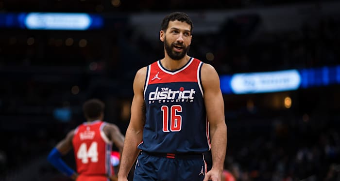 Washington Wizards forward Anthony Gill (16) reacts against the Philadelphia 76ers during the second half at Capital One Arena.